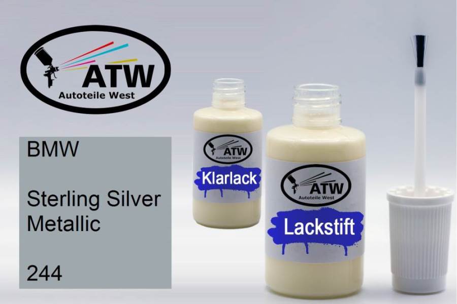 BMW, Sterling Silver Metallic, 244: 20ml Lackstift + 20ml Klarlack - Set, von ATW Autoteile West.